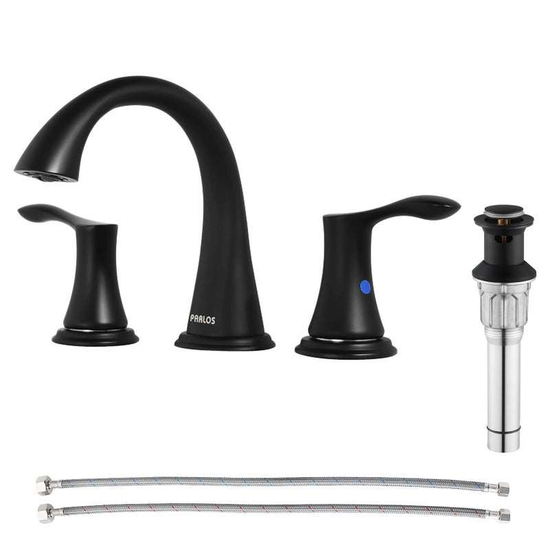 PARLOS Widespread 2 Handles Bathroom Faucet with Pop Up Sink Drain and cUPC Faucet Supply Lines, Matte Black, Demeter 14135 - Image 1
